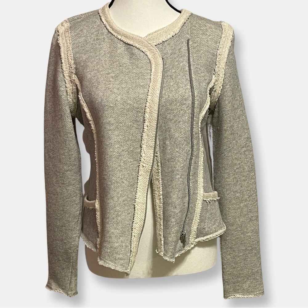 Lucky Lotus by Lucky Brand Cotton Knit Jacket, Gray & Cream, Medium